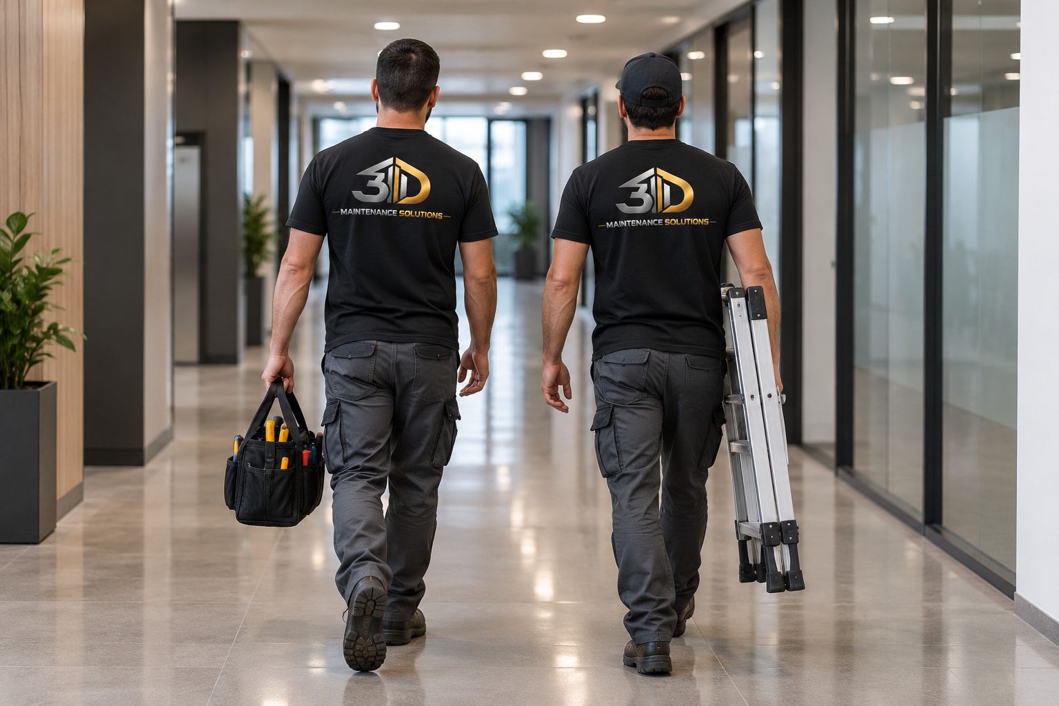 Two technicians in black 3D Maintenance Solutions t-shirts, seen from behind, walking down an office corridor with a tool bag and a step ladder