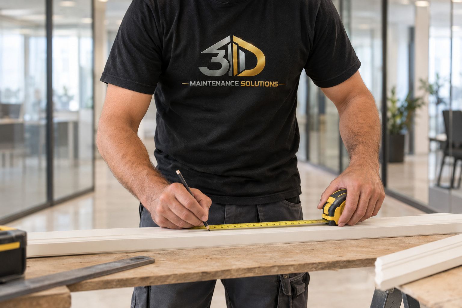 Technician in a black 3D Maintenance Solutions t-shirt measuring and marking a length of white trim with a tape measure and pencil